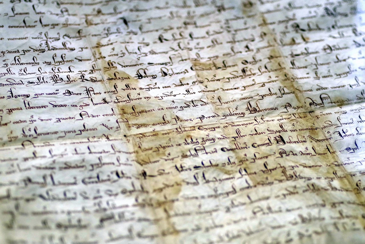 Open ancient manuscript on parchment, showing handwritten biblical text