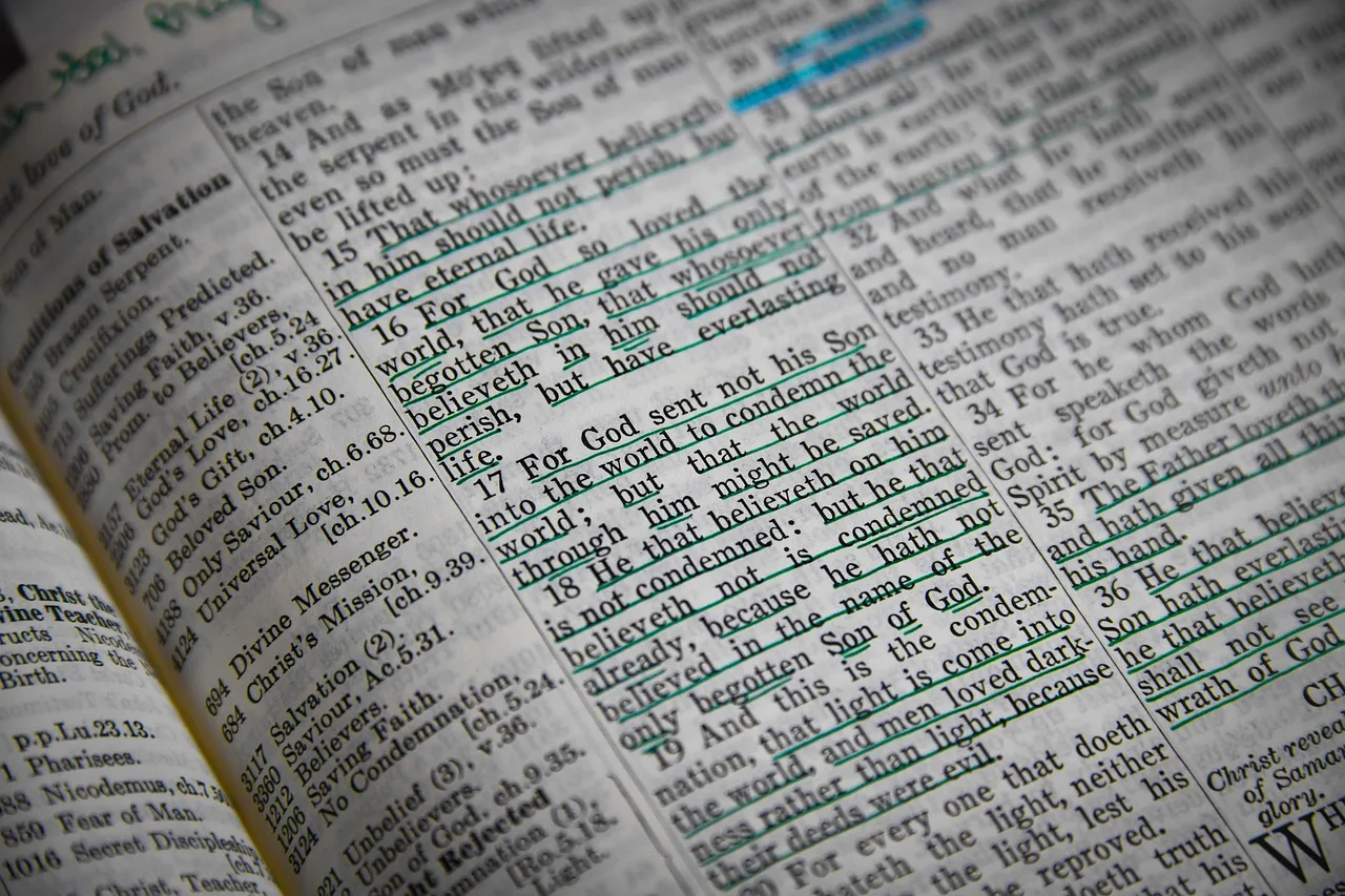 Open Bible — the foundation for every prayer verse in this list Open Bible with highlighted verses on a wooden table, warm light illuminating the pages